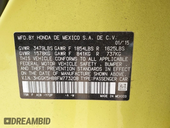 2015 Honda Fit EX-L with VIN 3HGGK5H88FM773208, listed as a IAAI auction lot 41912799 with 156,711 mi miles. Bid and sale history available at carsss.com. Image 9.