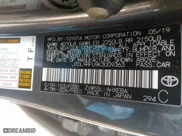 2019 Toyota Prius LE with VIN JTDL9RFU9K3009363, listed as a IAAI auction lot 41812912 with 28,442 mi miles. Bid and sale history available at carsss.com. Image 9.