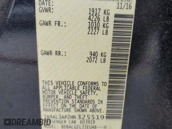 2017 Nissan Altima S with VIN 1N4AL3AP2HN325519, listed as a Copart auction lot 56389025 with 91,814 mi miles and Salvage title. Bid and sale history available at DreamBid. Image 12.
