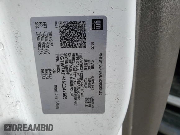 2022 GMC Savana Cargo z VIN 1GTW7AFP4N1147665, wystawiony jako Copart lot #54802085 z przebiegiem 42 261 mil mil oraz Szkody całkowita. Historia ofert i sprzedaży dostępna na DreamBid. Obrazek 13.