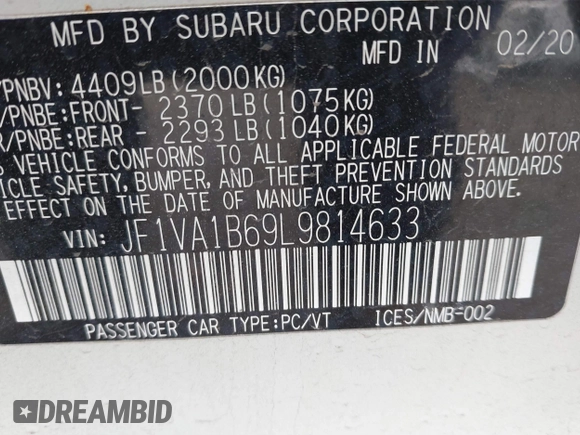 2020 Subaru WRX Premium with VIN JF1VA1B69L9814633, listed as a IAAI auction lot 41455166 with 62,605 mi miles and . Bid and sale history available at DreamBid. Image 9.