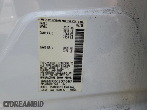 2016 Nissan LEAF S with VIN 1N4BZ0CP3GC307667, listed as a Copart auction lot 54147633 with 18,907 mi miles. Bid and sale history available at carsss.com. Image 12.