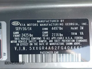 2015 Kia Optima SX Turbo with VIN 5XXGR4A62FG404441, listed as a IAAI auction lot 41662646 with 185,977 mi miles. Bid and sale history available at carsss.com. Image 9.
