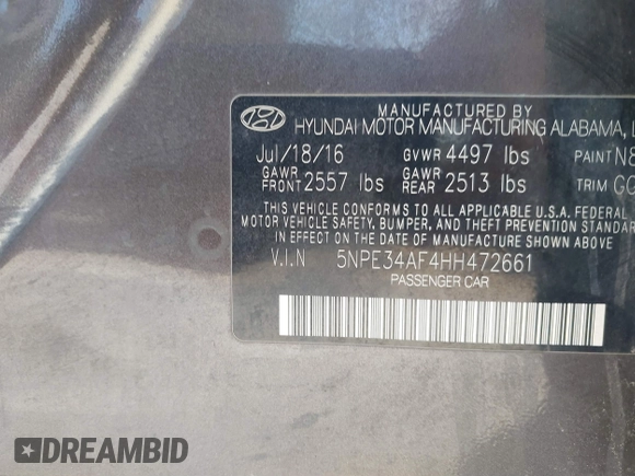 2017 Hyundai Sonata Sport with VIN 5NPE34AF4HH472661, listed as a IAAI auction lot 39608418 with Not Provided miles. Bid and sale history available at carsss.com. Image 9.