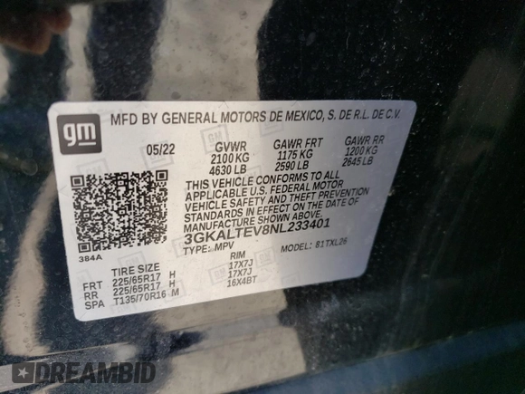 2022 GMC Terrain SLE с VIN 3GKALTEV8NL233401, выставлен на аукционе Copart как лот 54526665 с пробегом 87 838 миль миль и Списание • Salvage title. История ставок и продаж доступна на DreamBid. Изображение 13.