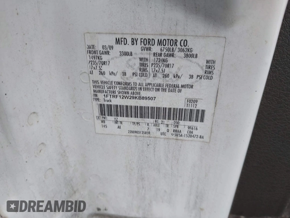 2009 Ford F-150 XL с VIN 1FTRF12W29KB89507, выставлен на аукционе IAAI как лот 42341395 с пробегом 337 897 миль миль и . История ставок и продаж доступна на DreamBid. Изображение 9.