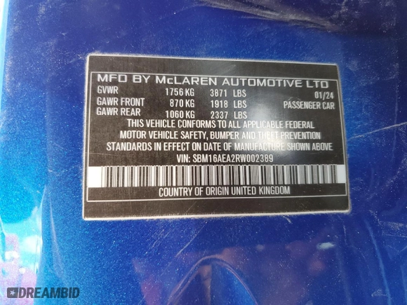 2024 McLaren Artura with VIN SBM16AEA2RW002389, listed as a Copart auction lot 74246334 with 1,374 mi miles and Non Repairable. Bid and sale history available at carsss.com. Image 13.