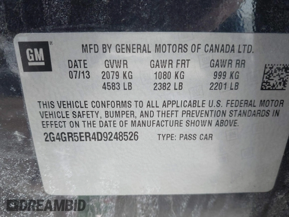 2013 Buick Regal with VIN 2G4GR5ER4D9248526, listed as a IAAI auction lot 41682038 with 241,530 mi miles. Bid and sale history available at carsss.com. Image 9.
