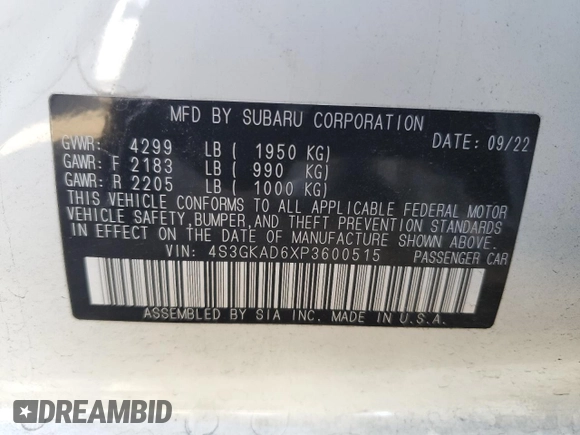 2023 Subaru Impreza Premium with VIN 4S3GKAD6XP3600515, listed as a Copart auction lot 43588575 with 5,059 mi miles and Salvage title. Bid and sale history available at DreamBid. Image 12.