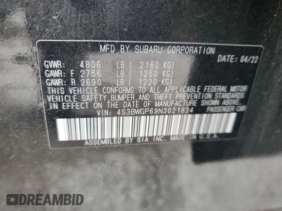 2022 Subaru Legacy Touring XT with VIN 4S3BWGP69N3021834, listed as a Copart auction lot 82534544 with 23,481 mi miles and Salvage title. Bid and sale history available at DreamBid. Image 12.