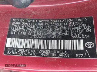 2012 Toyota Prius One with VIN JTDKN3DU9C5480961, listed as a IAAI auction lot 42147741 with 165,921 mi miles. Bid and sale history available at carsss.com. Image 9.
