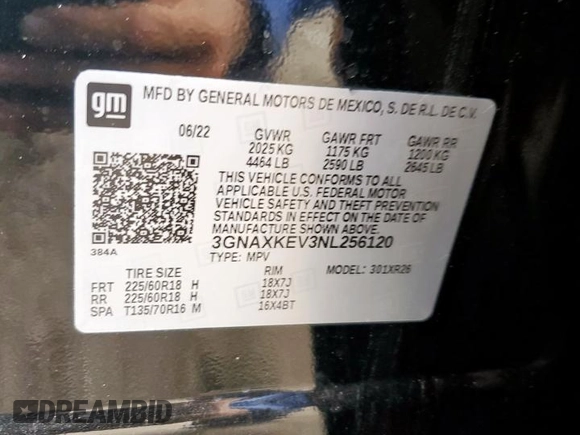 2022 Chevrolet Equinox LT z VIN 3GNAXKEV3NL256120, wystawiony jako Copart lot #58718415 z przebiegiem 14 037 mil mil oraz Szkoda całkowita • Salvage title. Historia ofert i sprzedaży dostępna na DreamBid. Obrazek 14.