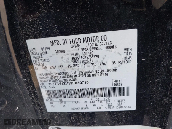 2009 Ford F-150 XL with VIN 1FTPW12V19FA50718, listed as a IAAI auction lot 41149563 with 194,101 mi miles. Bid and sale history available at carsss.com. Image 9.