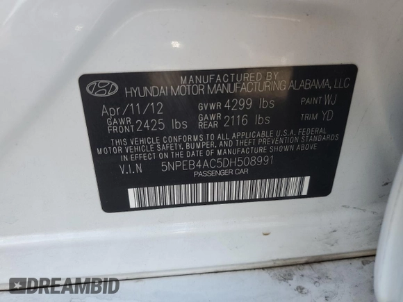 2013 Hyundai Sonata GLS z VIN 5NPEB4AC5DH508991, wystawiony jako Copart lot #54070045 z przebiegiem 118 660 mil mil oraz Szkoda całkowita • Salvage title. Historia ofert i sprzedaży dostępna na DreamBid. Obrazek 12.