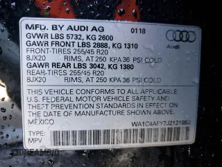 2018 Audi SQ5 Prestige with VIN WA1C4AFY7J2121953, listed as a Copart auction lot 41292974 with 65,365 mi miles and . Bid and sale history available at DreamBid. Image 13.