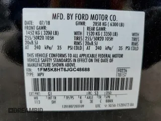 2018 Ford Explorer Platinum with VIN 1FM5K8HT6JGC48688, listed as a Copart auction lot 54159084 with 33,612 mi miles and Salvage title. Bid and sale history available at DreamBid. Image 13.