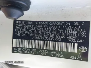 2012 Toyota Prius One with VIN JTDKN3DU3C5458342, listed as a IAAI auction lot 40115085 with 229,373 mi miles and . Bid and sale history available at carsss.com. Image 9.