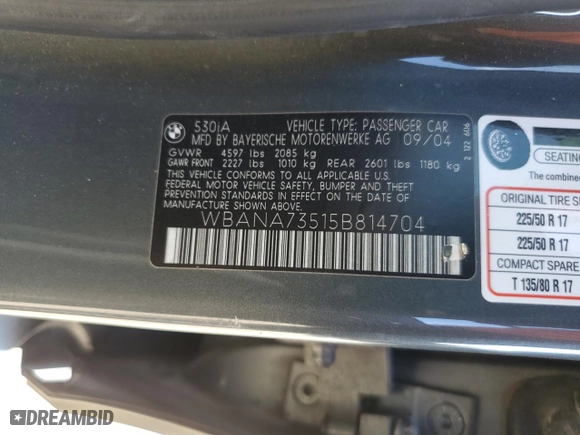 2005 BMW 5 Series 530i with VIN WBANA73515B814704, listed as a Copart auction lot 46700335 with 105,299 mi miles and Salvage Title. Bid and sale history available at carsss.com. Image 12.