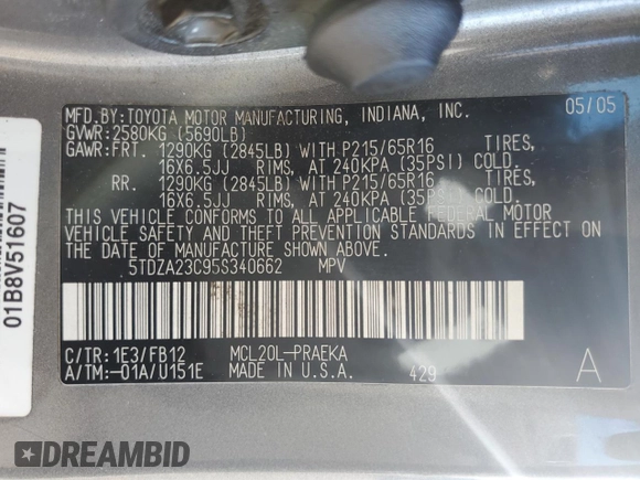 2005 Toyota Sienna CE with VIN 5TDZA23C95S340662, listed as a Copart auction lot 46272875 with 102,016 mi miles and Salvage Title. Bid and sale history available at carsss.com. Image 15.