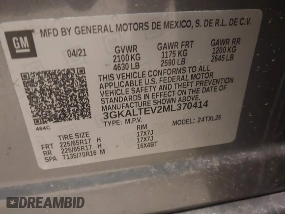 2021 GMC Terrain SLE with VIN 3GKALTEV2ML370414, listed as a IAAI auction lot 41810800 with 49,025 mi miles and . Bid and sale history available at carsss.com. Image 9.