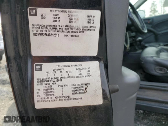 2001 Pontiac Grand Am GT with VIN 1G2NW52E61C212612, listed as a Copart auction lot 48007425 with 182,966 mi miles and Salvage Title. Bid and sale history available at carsss.com. Image 12.