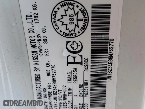 2008 Nissan 350Z Touring z VIN JN1BZ34E88M752770, wystawiony jako Copart lot #47938355 z przebiegiem 104 304 mil mil oraz Szkoda całkowita • Salvage title. Historia ofert i sprzedaży dostępna na DreamBid. Obrazek 12.