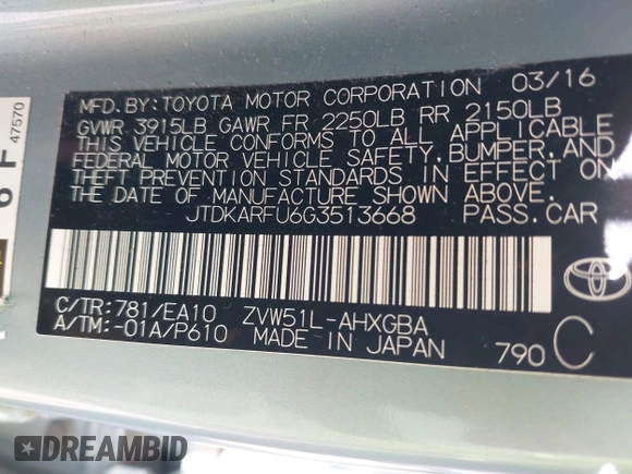2016 Toyota Prius Four z VIN JTDKARFU6G3513668, wystawiony jako IAAI lot #42213059 z przebiegiem 44 973 mil mil oraz . Historia ofert i sprzedaży dostępna na DreamBid. Obrazek 9.