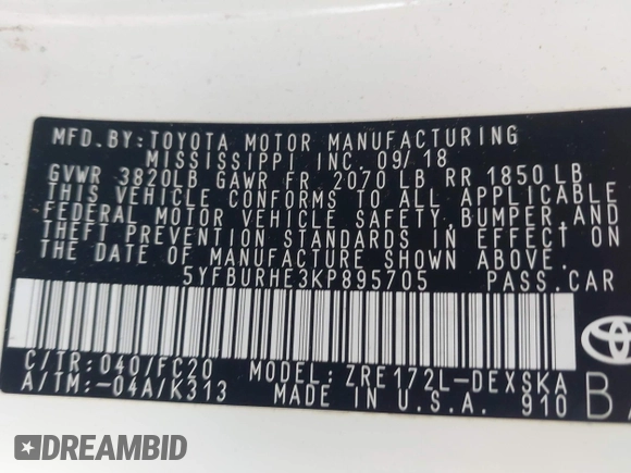 2019 Toyota Corolla L with VIN 5YFBURHE3KP895705, listed as a IAAI auction lot 42034995 with 173,719 mi miles and . Bid and sale history available at DreamBid. Image 9.