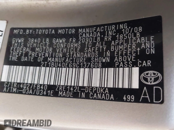 2009 Toyota Corolla с VIN 2T1BU40E69C137608, выставлен на аукционе IAAI как лот 42595416 с пробегом 290 492 миль миль и . История ставок и продаж доступна на DreamBid. Изображение 9.