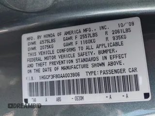 2010 Honda Accord EX-L with VIN 1HGCP3F80AA003906, listed as a IAAI auction lot 42088074 with 109,575 mi miles and . Bid and sale history available at DreamBid. Image 9.