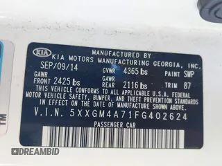 2015 Kia Optima LX with VIN 5XXGM4A71FG402624, listed as a IAAI auction lot 40493003 with 100,237 mi miles. Bid and sale history available at carsss.com. Image 9.
