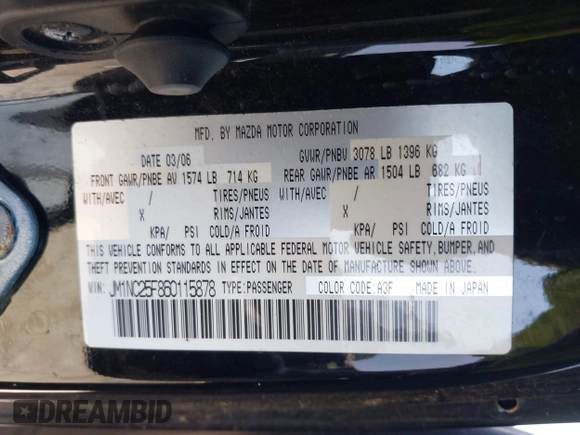 2006 Mazda MX-5 Miata Sport with VIN JM1NC25F860115878, listed as a IAAI auction lot 42842757 with 81,777 mi miles and . Bid and sale history available at DreamBid. Image 9.