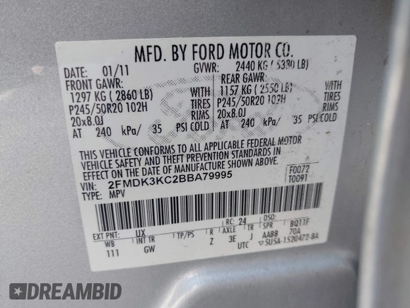 2011 Ford Edge Limited с VIN 2FMDK3KC2BBA79995, выставлен на аукционе IAAI как лот 42694736 с пробегом 84 186 миль миль и . История ставок и продаж доступна на DreamBid. Изображение 9.