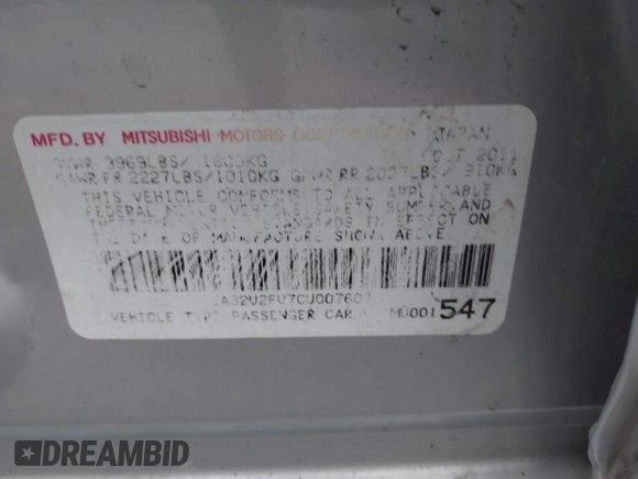 2012 Mitsubishi Lancer ES with VIN JA32U2FU7CU007607, listed as a IAAI auction lot 42576022 with Not provided miles and . Bid and sale history available at DreamBid. Image 9.