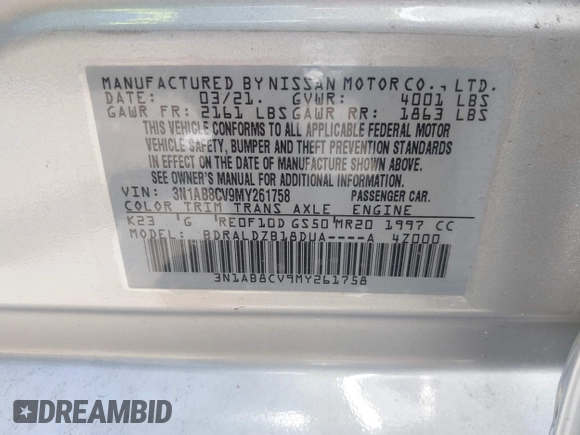 2021 Nissan Sentra SV with VIN 3N1AB8CV9MY261758, listed as a IAAI auction lot 39798014 with 43,035 mi miles and . Bid and sale history available at DreamBid. Image 9.