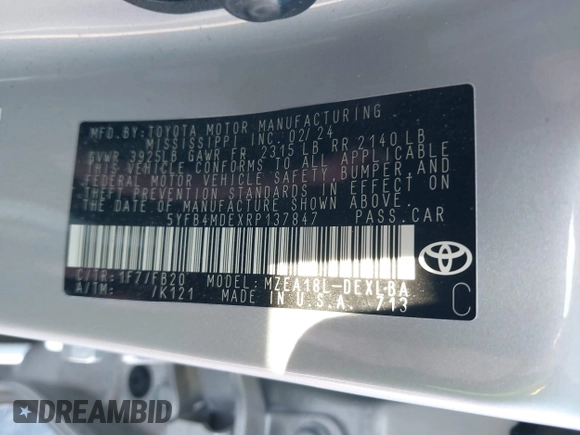 2024 Toyota Corolla LE with VIN 5YFB4MDEXRP137847, listed as a IAAI auction lot 41119256 with 31,613 mi miles. Bid and sale history available at carsss.com. Image 9.
