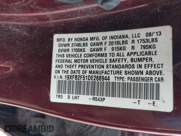2013 Honda Civic LX with VIN 19XFB2F51DE268944, listed as a IAAI auction lot 41900014 with 168,348 mi miles and . Bid and sale history available at DreamBid. Image 9.