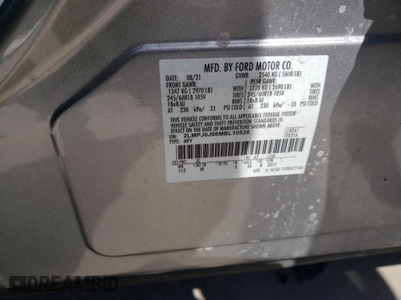 2021 Lincoln Nautilus Standard with VIN 2LMPJ6J98MBL10526, listed as a Copart auction lot 52831765 with Not provided miles and Salvage title. Bid and sale history available at DreamBid. Image 16.