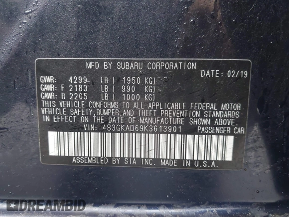 2019 Subaru Impreza с VIN 4S3GKAB69K3613901, выставлен на аукционе IAAI как лот 41951872 с пробегом 16 611 миль миль и . История ставок и продаж доступна на DreamBid. Изображение 9.