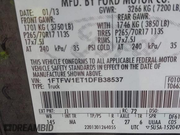 2013 Ford F-150 XL with VIN 1FTFW1ET1DFB38537, listed as a IAAI auction lot 41891469 with 254,246 mi miles. Bid and sale history available at carsss.com. Image 8.