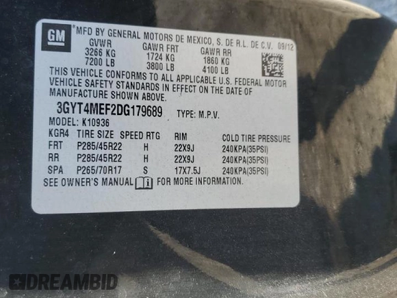 2013 Cadillac Escalade EXT Luxury with VIN 3GYT4MEF2DG179689, listed as a Copart auction lot 88355685 with 170,372 mi miles and Salvage Title. Bid and sale history available at carsss.com. Image 12.