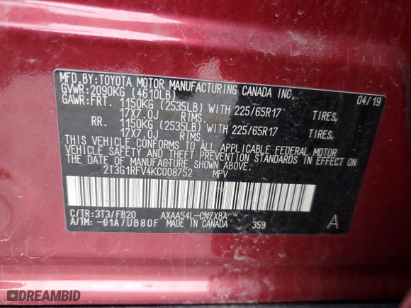 2019 Toyota RAV4 LE with VIN 2T3G1RFV4KC008752, listed as a Copart auction lot 47179475 with 74,212 mi miles and Salvage Title. Bid and sale history available at carsss.com. Image 13.