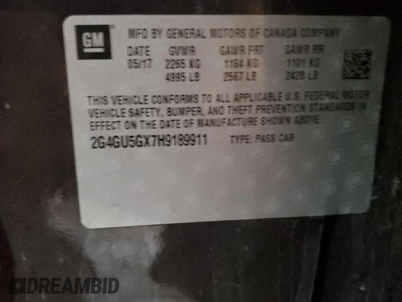 2017 Buick Regal GS with VIN 2G4GU5GX7H9189911, listed as a Copart auction lot 78504914 with 118,818 mi miles and Salvage Title. Bid and sale history available at DreamBid. Image 12.