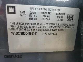 2012 Chevrolet Sonic LT with VIN 1G1JC5SH3C4192144, listed as a Copart auction lot 60973395 with 141,306 mi miles and Salvage title. Bid and sale history available at DreamBid. Image 12.