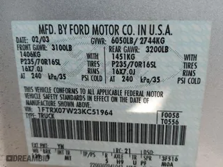 2003 Ford F-150 XL with VIN 1FTRX07W23KC51964, listed as a Copart auction lot 51669715 with 0 mi miles and Salvage Title. Bid and sale history available at carsss.com. Image 12.