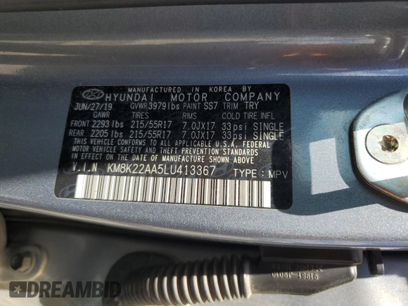 2020 Hyundai Kona SEL with VIN KM8K22AA5LU413367, listed as a Copart auction lot 55089575 with 101,678 mi miles and Clean Title. Bid and sale history available at DreamBid. Image 12.