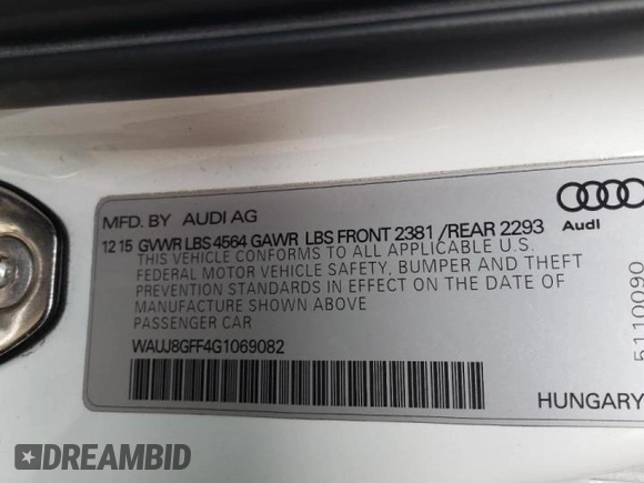 2016 Audi A3 2.0T Premium Plus with VIN WAUJ8GFF4G1069082, listed as a Copart auction lot 50992205 with 72,125 mi miles and Salvage Title. Bid and sale history available at carsss.com. Image 13.
