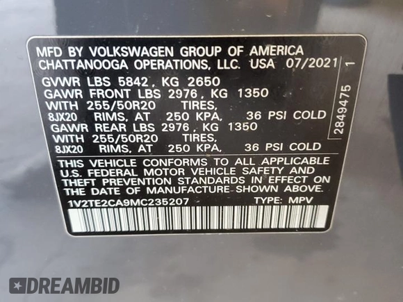 2021 Volkswagen Atlas SEL Premium with VIN 1V2TE2CA9MC235207, listed as a Copart auction lot 53188515 with Not provided miles and Salvage title. Bid and sale history available at DreamBid. Image 13.