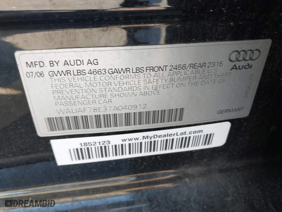 2007 Audi A4 2.0T with VIN WAUAF78E37A040912, listed as a IAAI auction lot 41383082 with 132,491 mi miles. Bid and sale history available at carsss.com. Image 9.