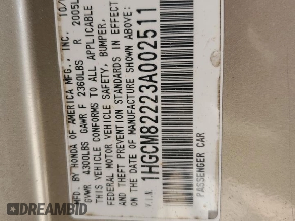 2003 Honda Accord LX with VIN 1HGCM82223A002511, listed as a Copart auction lot 62273275 with 261,723 mi miles and Salvage title. Bid and sale history available at DreamBid. Image 12.